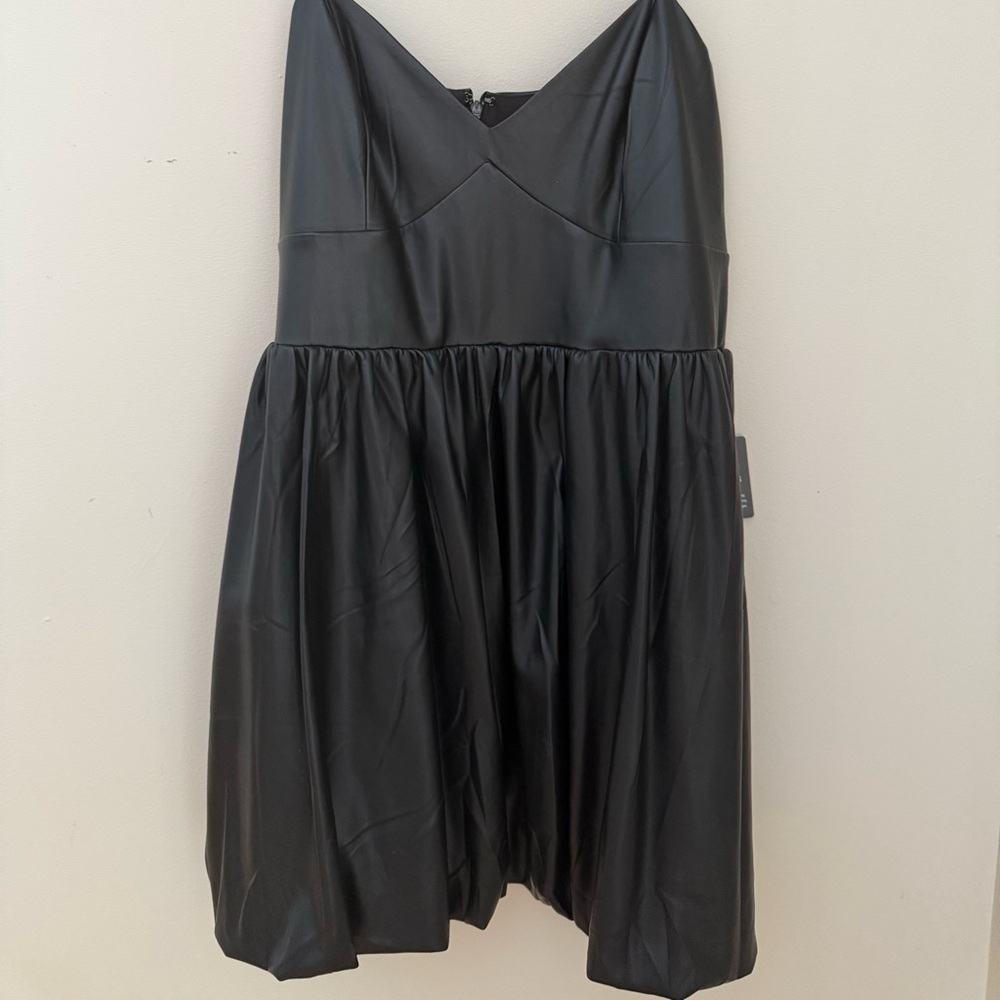 Elegant Faux leather v neck bubble mini dress with spaghetti straps
